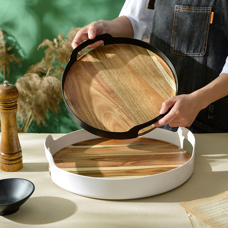 Acacia Mangium round Tray Wooden Portable Bread Baking Drinking Ware Tray Hotel Restaurant Serving Plate