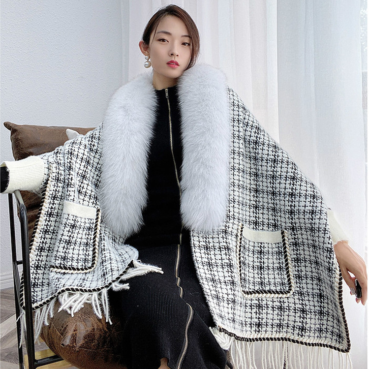 新款带流苏千鸟格子小香风皮草针织开衫外套女狐狸毛领子斗篷披肩