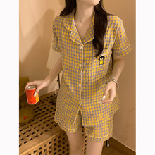夏天睡衣女夏款短袖梭织纯棉可爱格子网红风黄色开衫两件套装夏季