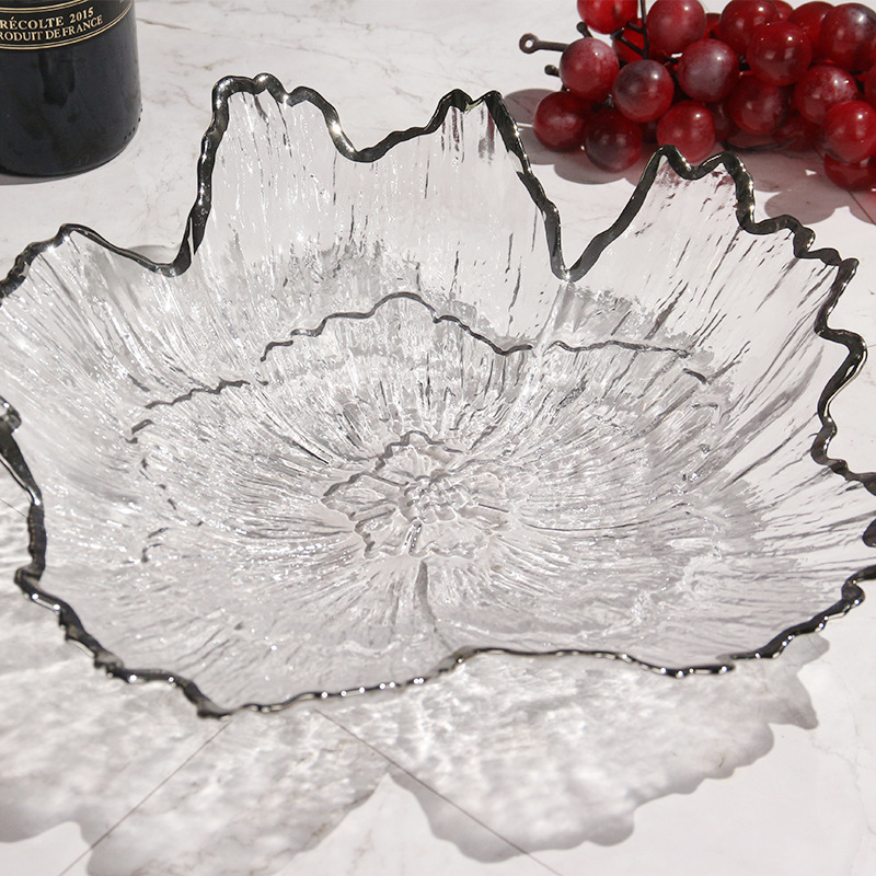 Creative Glass Tableware Gilt Edging Glass Petal Plate Irregular Simple Fruit Salad Plate Household Bowl Plate