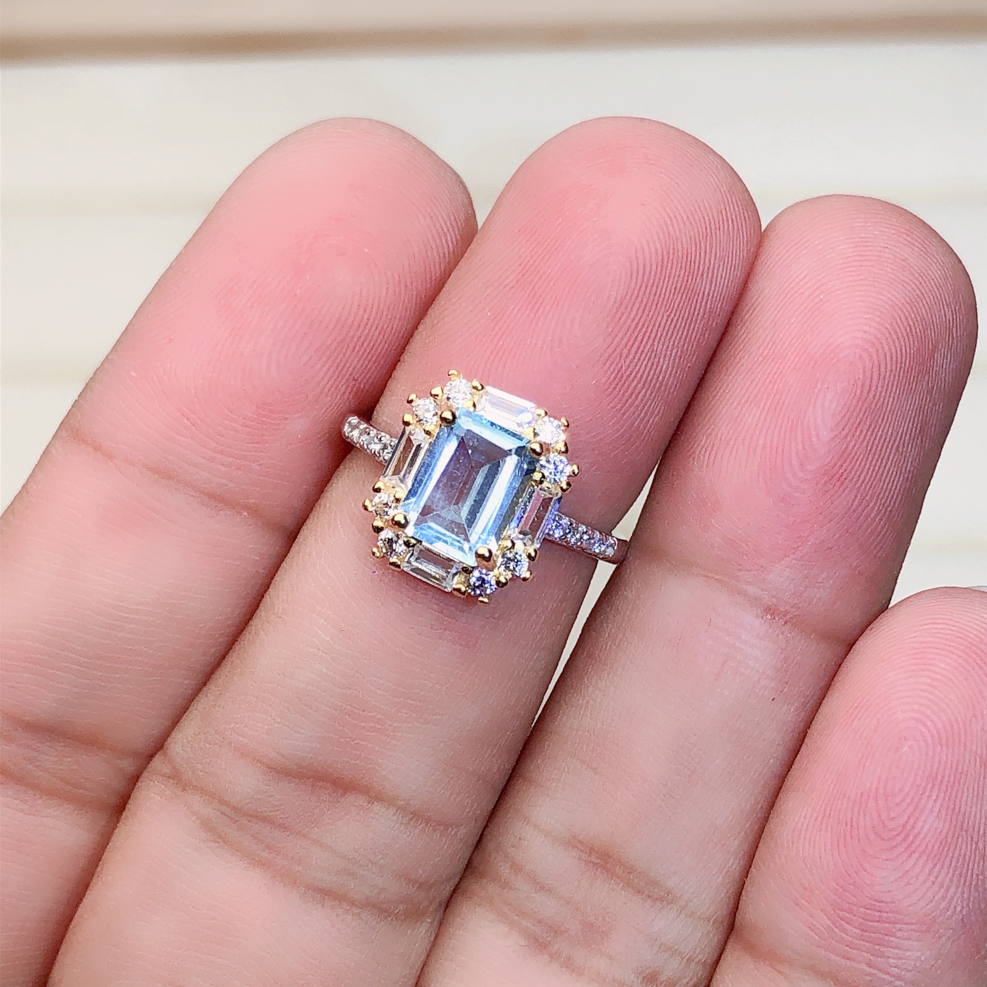 天然托帕石戒指s925银简约经典款方形双色大颗粒钻活口戒指6*8mm