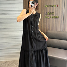 单排扣法式赫本风夏季显瘦肌理感连衣裙黑色长裙   04c1303