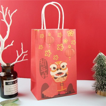 新年好 舞狮子图案礼品袋纸袋小号礼物包装袋子送礼手提袋纸袋