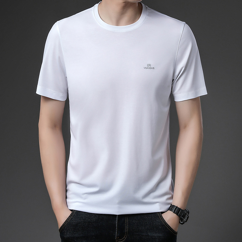 2024夏季高端桑蚕丝短袖翻领t恤男式时尚打底衫中年男士体恤衫