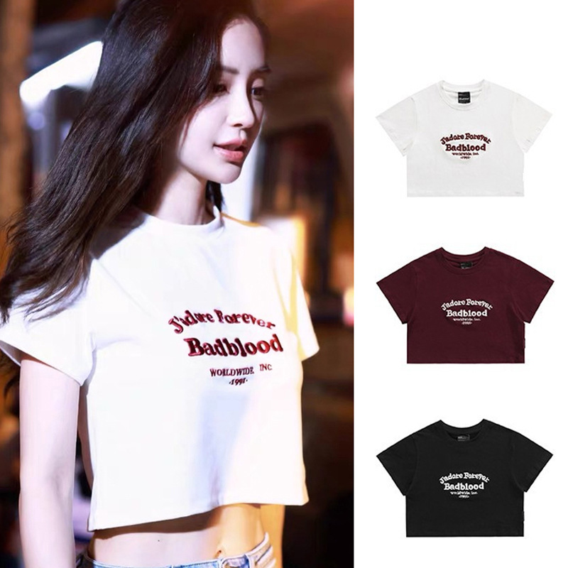 badblood短袖t恤辣妹刺绣露脐angelababy杨颖同款夏季短款女-阿里巴巴