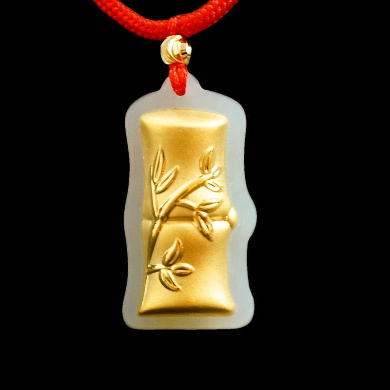 天然和田玉吊坠黄金镶玉竹子挂件玉竹节项链玉石男女款节节高玉坠