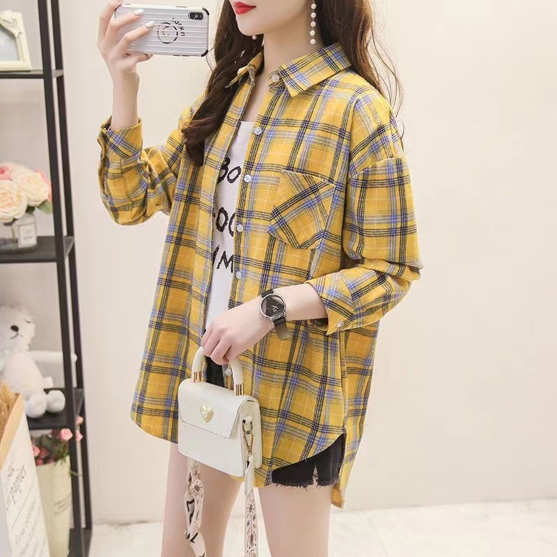 Retro Plaid Shirt Top Women's Spring and Summer Design Sense Niche Long-Sleeved Jacket Loose Polo Shirt Shirt Ins Fashion