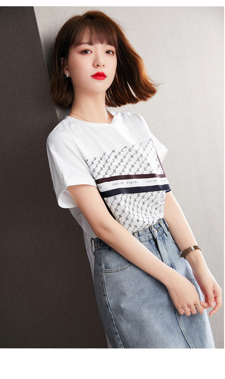 实拍2021年夏装新款撞色套头圆领字母印花短袖t恤女清新宽松小衫