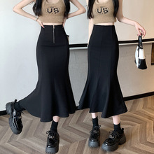 设计感拉链鱼尾半身裙女夏季中长款黑色西装裙修身显瘦A字包臀裙