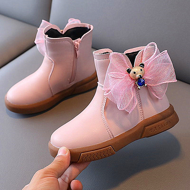 代购女童靴子冬款儿童加绒真皮马丁靴棉靴小女孩蝴蝶结公主靴短靴