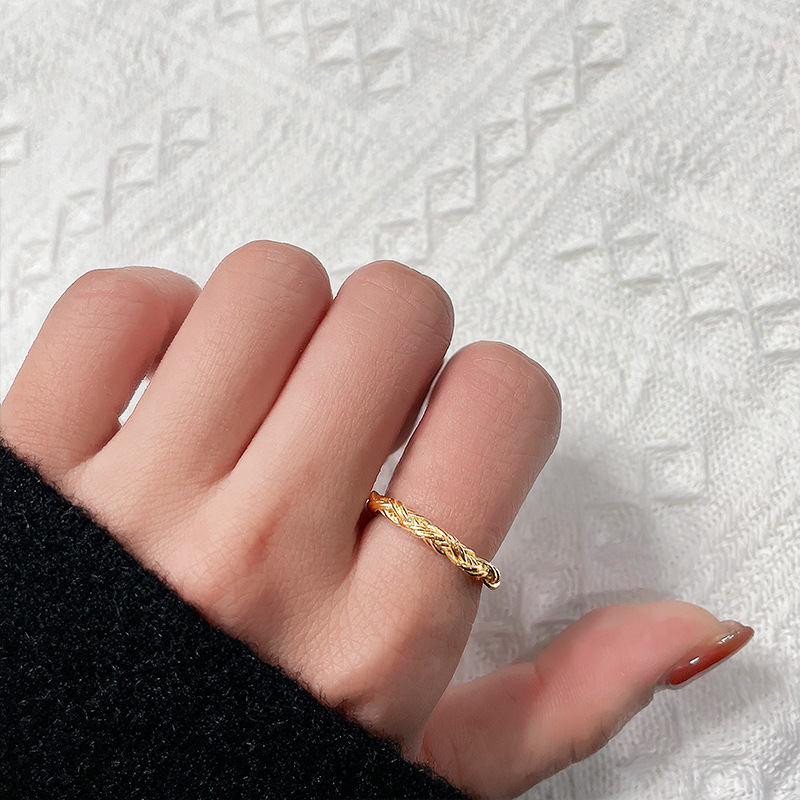 有进 极简风金色编织麻花扭绳戒指女个性缠绕不规则线条食指素戒