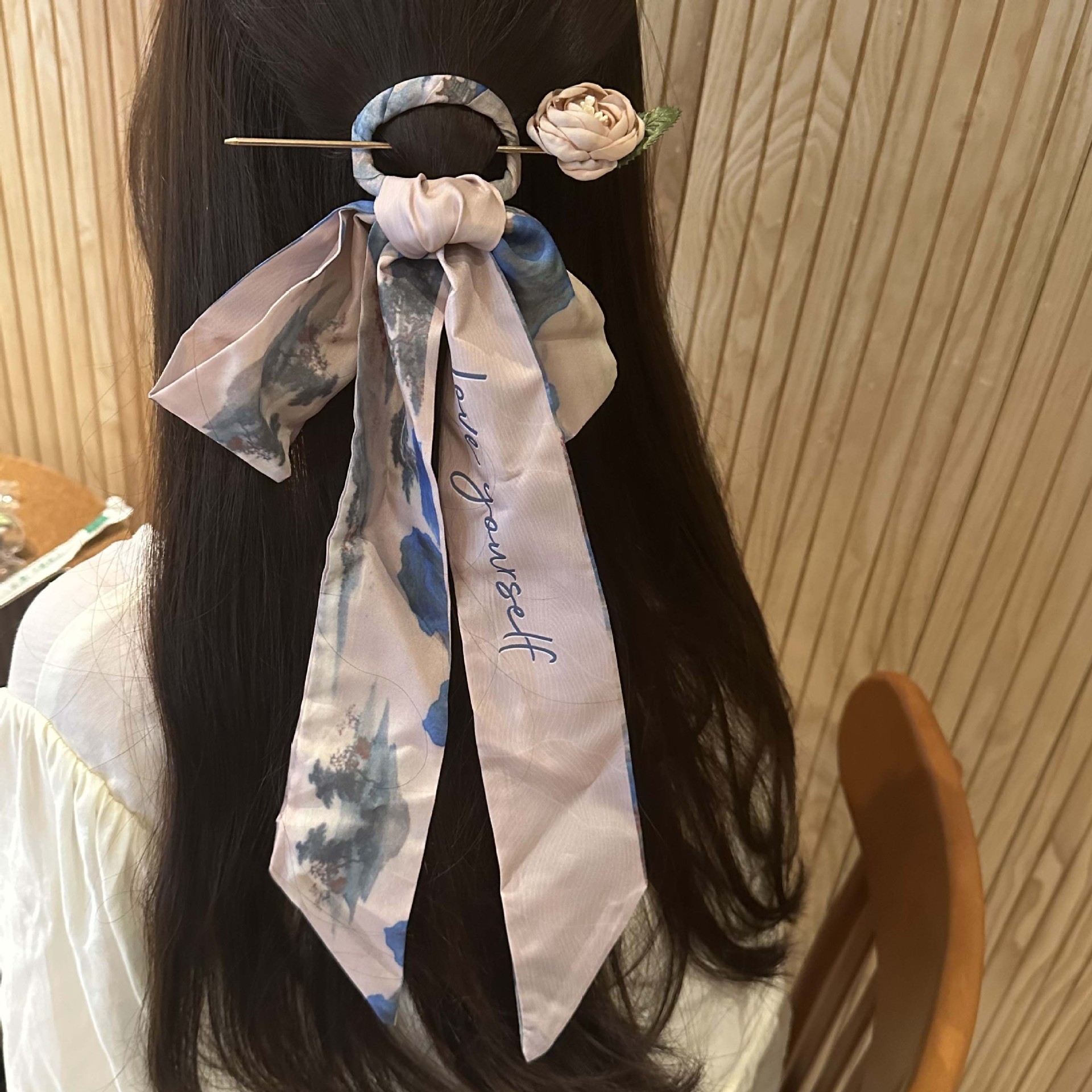 Super Fairy Mesh Silk Scarf Hairpin New Chinese Style Hairpin with Silk Scarf Hair Band Ancient Style the Thousand Character Classic Hair Band Camellia Hairpin