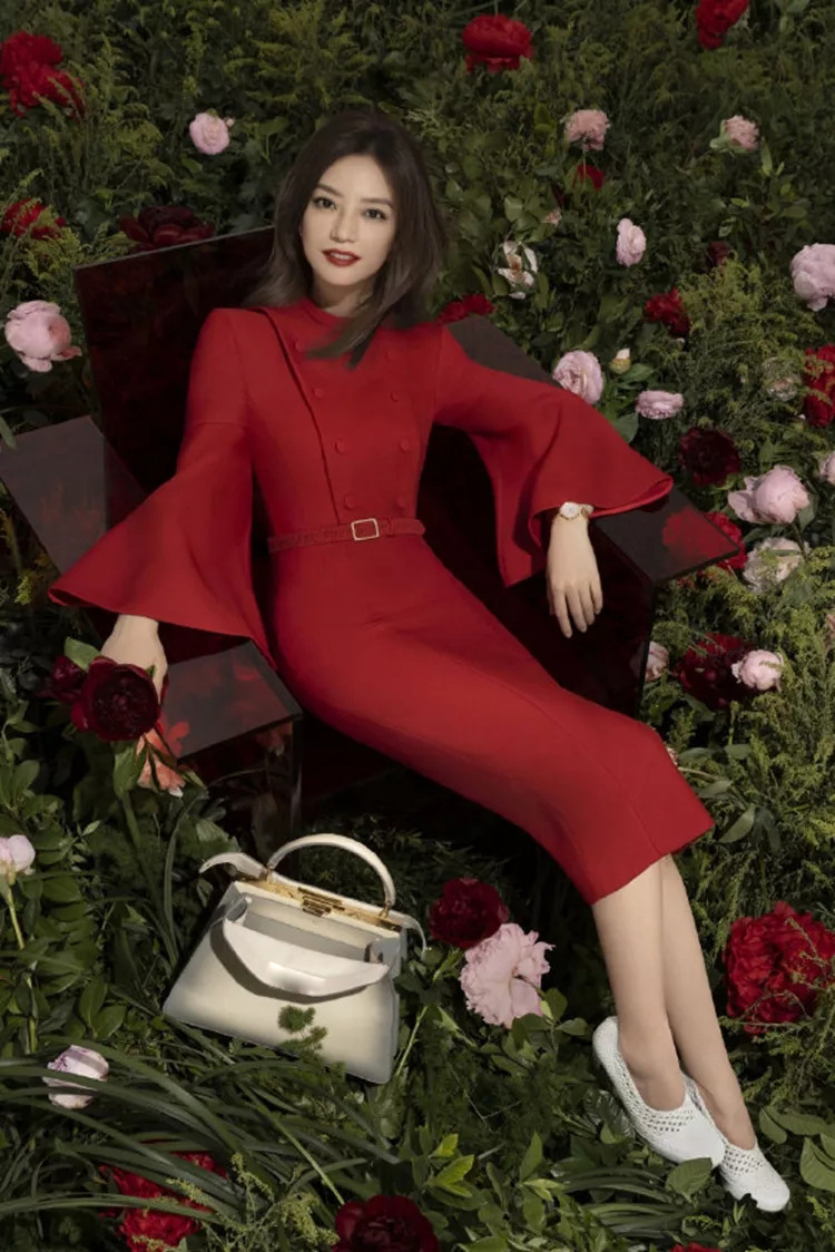 0312-06 赵薇明星同款喇叭袖红色连衣裙s码数胸围84腰