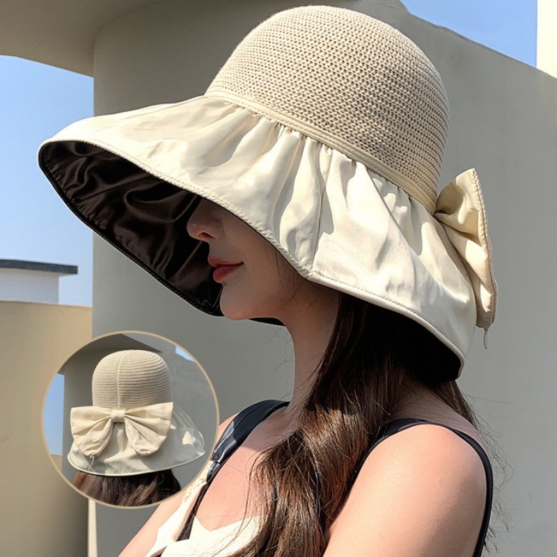 Summer Vinyl Sun Protective Hat Women's Foldable Hollow Bow Wide Brim Bucket Hat Outdoor Sun Hat