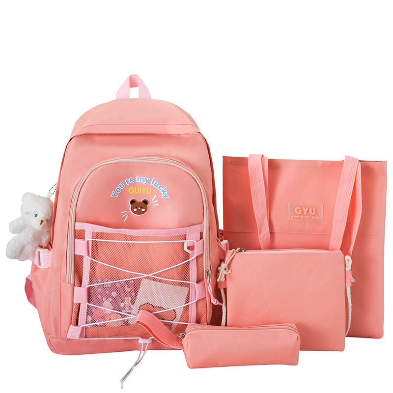 Factory Wholesale Girl Backpack Cartoon Bear Schoolbag for Primary School Students Make-up Bag Four-Piece Set Junior Backpack