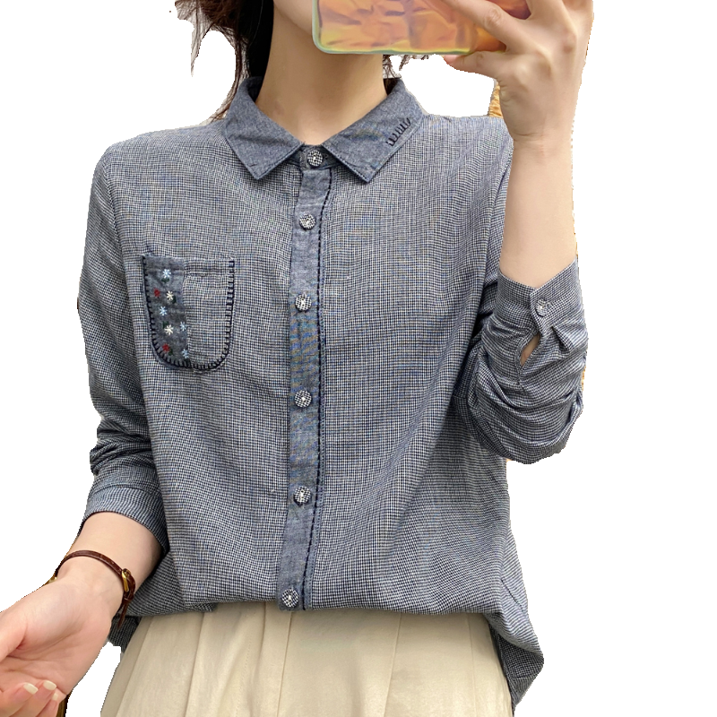 口袋刺绣色织千鸟格拼色衬衫长袖女 2024文艺柔软纯棉衬衣9518