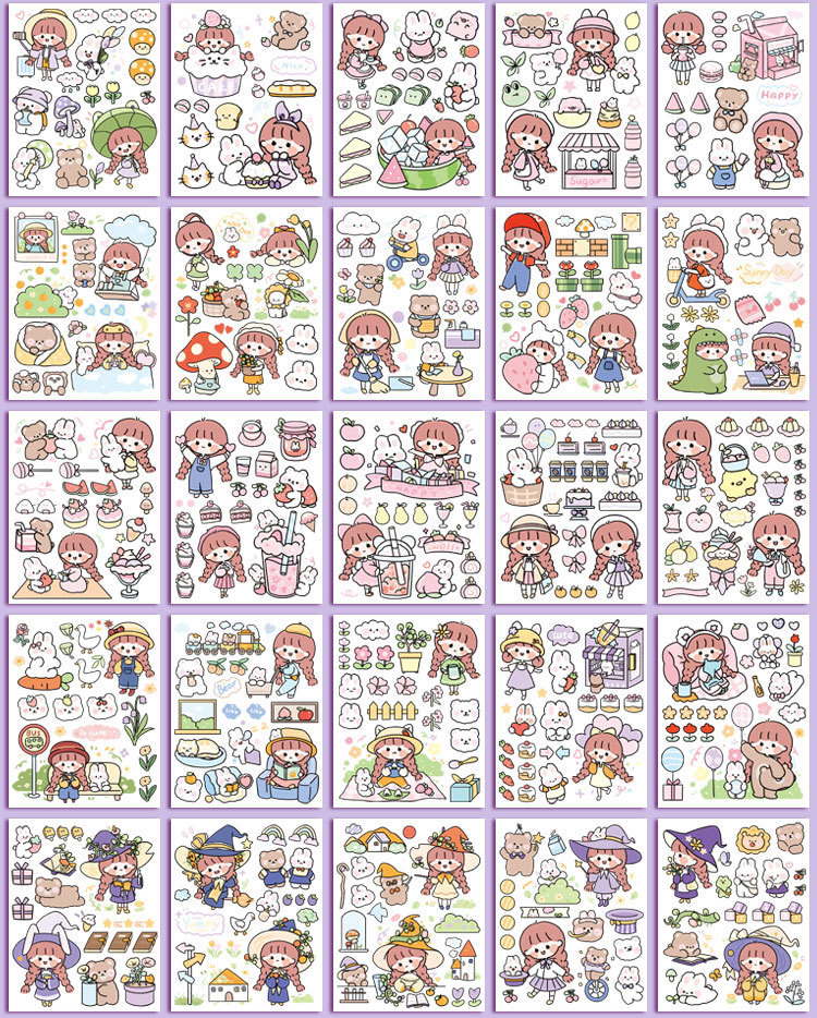 50张卡通和纸贴纸 手账装饰少女心日记diy图案贴画可爱女孩素材贴