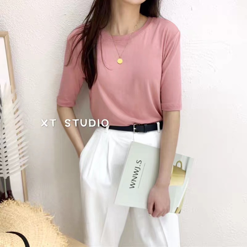 12-Color Candy Modal round Neck Short Sleeve Mask T2021 Women's Summer New Solid Color Inner Wear Loose Bottoming Shirt