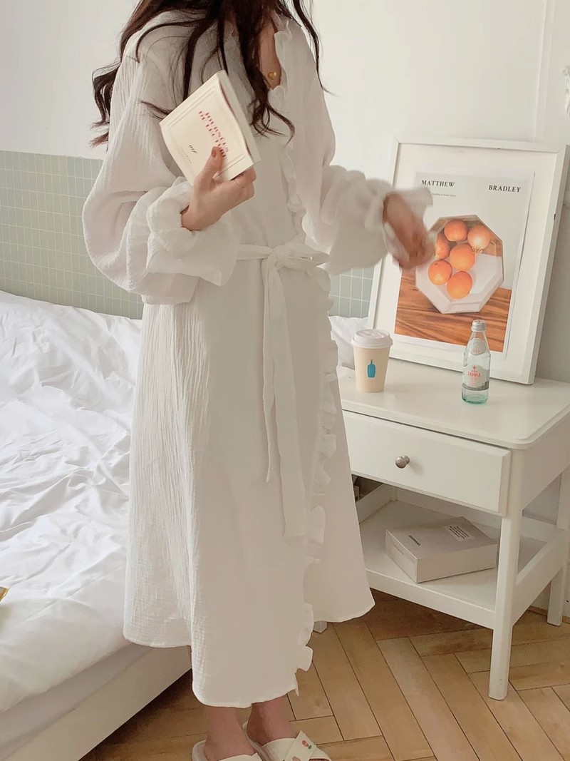 Long Sleeve Nightgown Women's Spring and Autumn New Ins Sweet Solid Color Lace-up Pure Desire Wind Thin Homewear Pajamas Skirts
