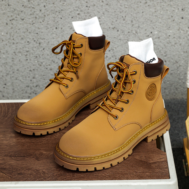 网红情侣真皮ins大黄靴2023秋冬新款青年时尚百搭街拍男士马丁靴