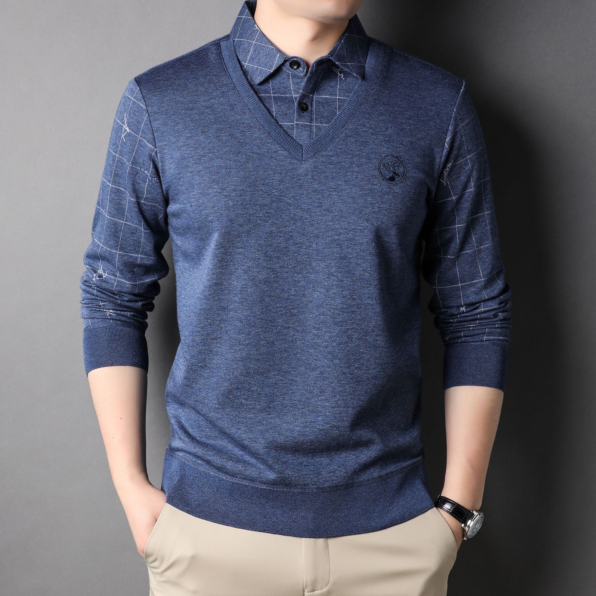 亨特森男装春季新款假两件衬衫男翻领棉纯色直筒型中青年日常t恤