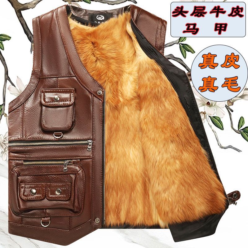 真皮马甲男中老年头层牛皮多兜坎肩冬季休闲爸爸装多功能保暖背心