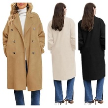 欧美女式双排扣豌豆大衣冬季时尚缺口翻领羊毛混纺外套长款夹克