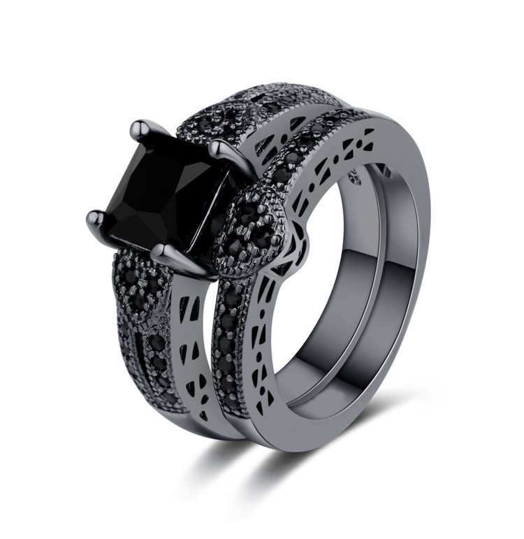 欧美奢华黑金套戒镀枪黑戒指微镶黑锆石戒指心形黑金色两件套戒指