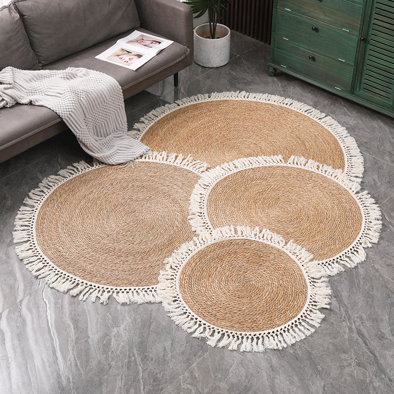 北欧草编编制流苏地垫绳编阳台落地窗地毯民宿装修书房茶座茶台垫