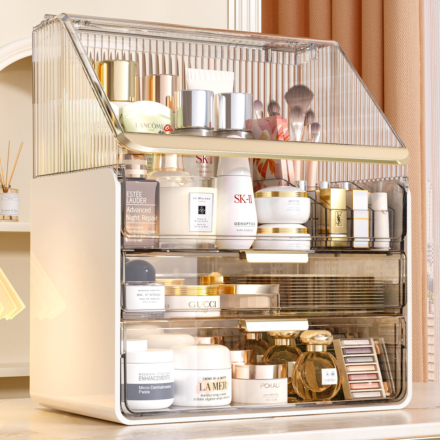 化妆品收纳盒防尘梳妆台桌面护肤品口红置物架透明亚克力整理箱柜