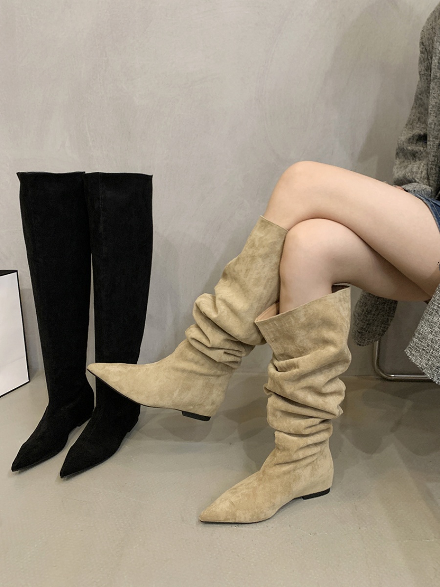 复古风尖头绒面西部牛仔长靴女靴子2023新款秋夏季堆堆长筒骑士靴