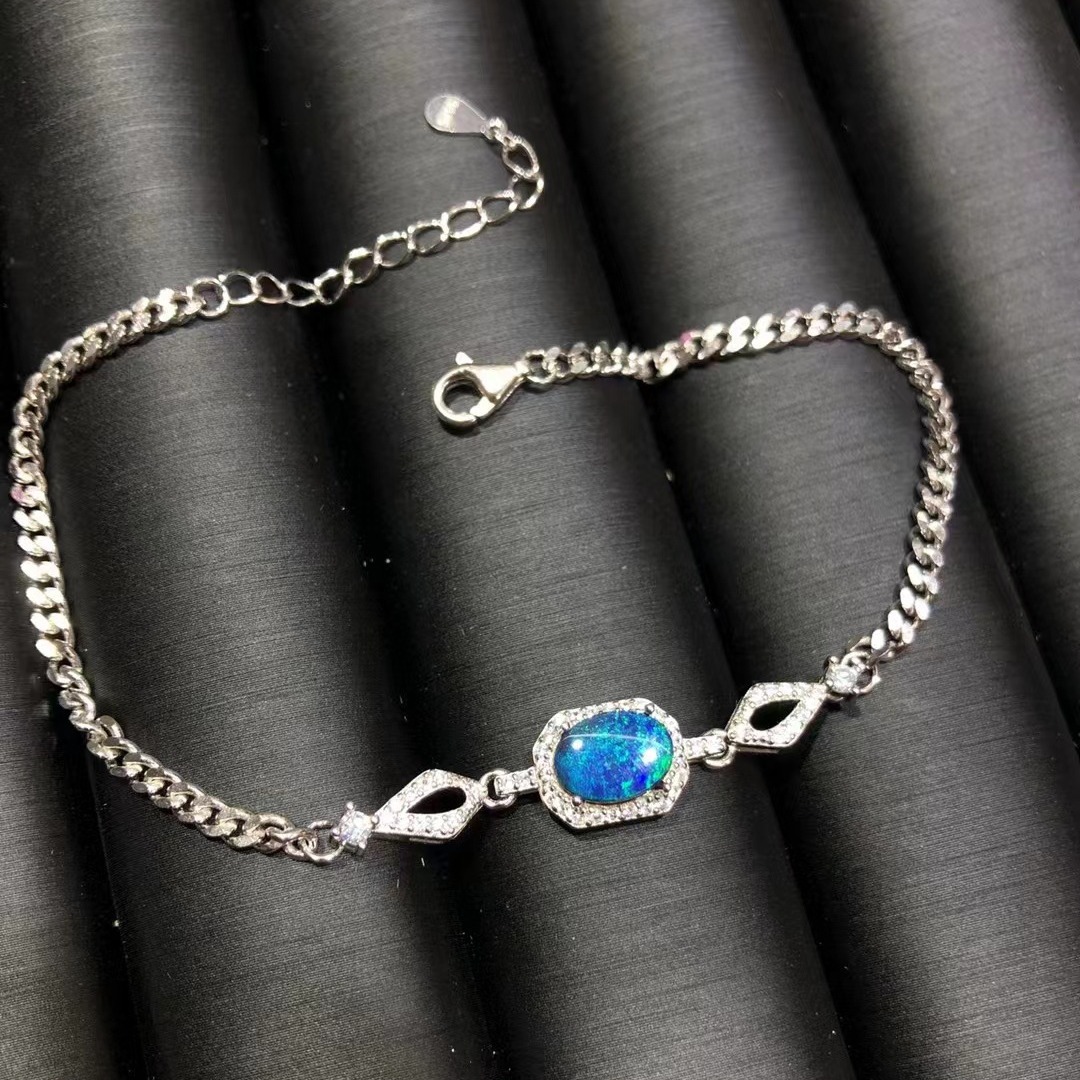 天然澳宝澳大利亚欧泊手链手串色美鲜艳火彩极好 黑 蓝 炫彩欧泊