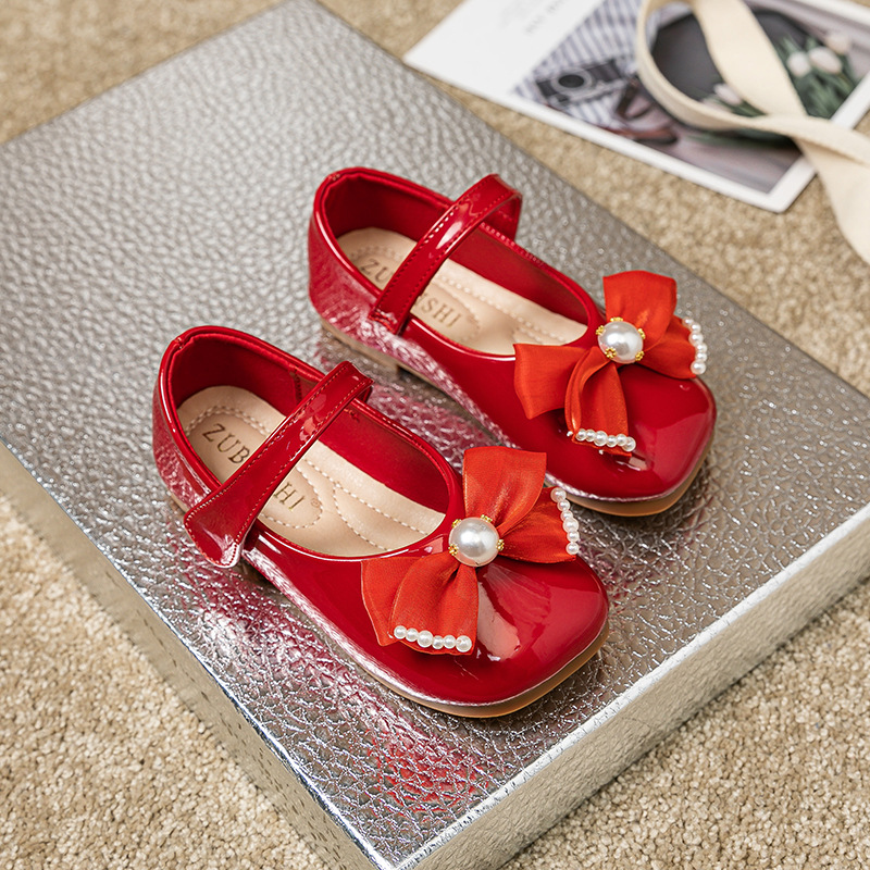 女童公主鞋2022春秋季新款儿童软底红色皮鞋女宝宝鞋子蝴蝶结单鞋