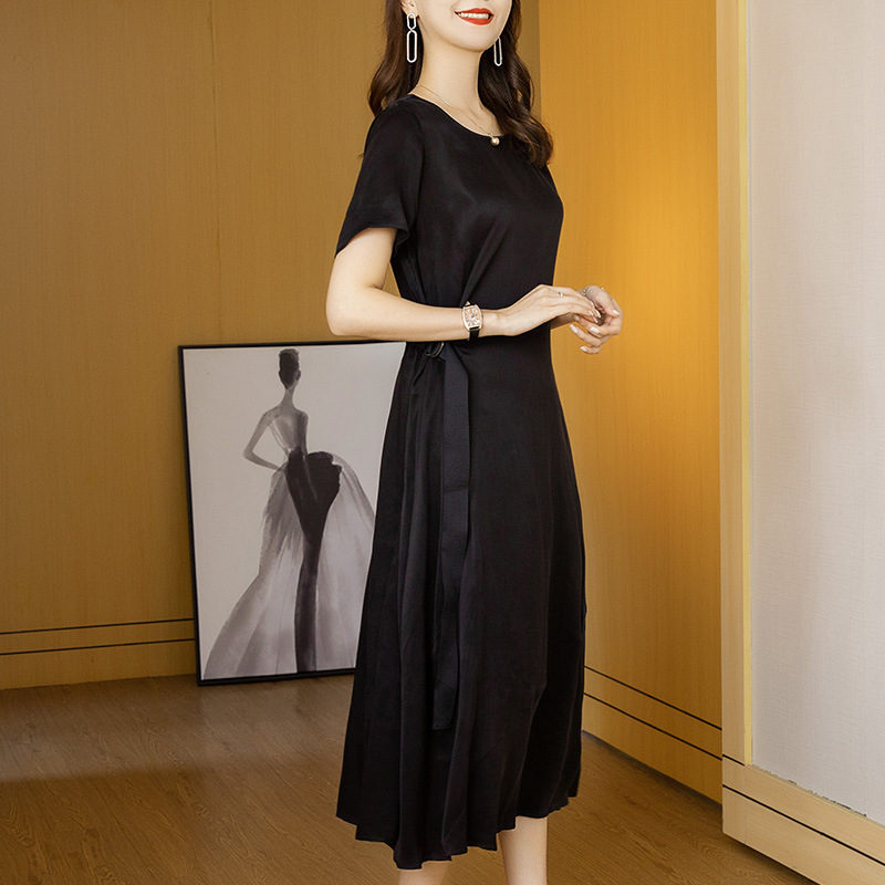 重磅铜氨丝女装2021夏季新款短袖松紧腰显瘦中长款连衣裙淘宝代销