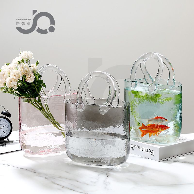 原创北欧风包包玻璃花瓶设计师网红款手提包水培鲜花篮养鱼