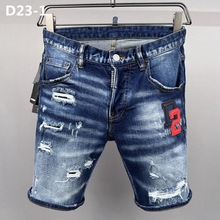 D23-1型贴字破洞时尚男牛仔短裤马裤磨白跨境牛仔五分裤欧美牛仔