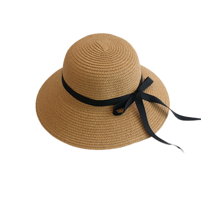 Summer Female Sun Hat Black Ribbon Bow Wide Brim Hat Japanese Adult Bucket Hat Female Sun Protection Folding Sun Hat