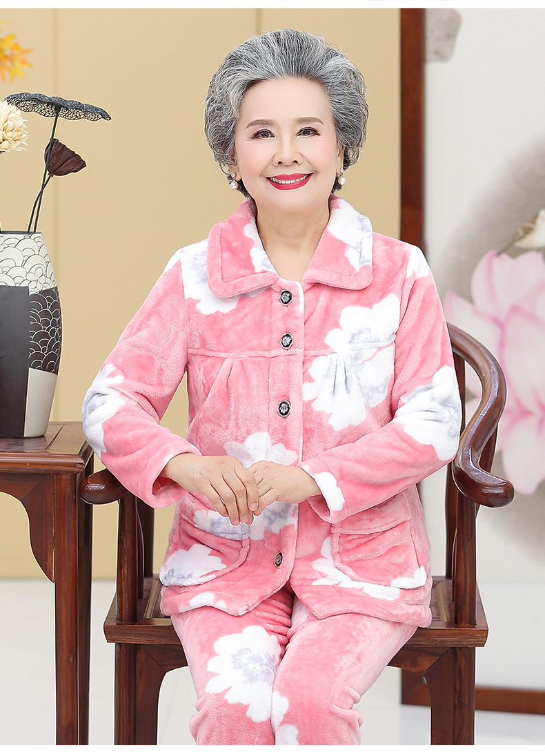 中老年加厚法兰绒睡衣女秋冬季老人妈妈衣服奶奶珊瑚绒家居服套装