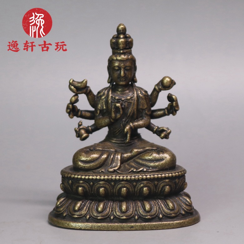 古铜佛像六臂菩萨摆件坐佛莲花观音铜像迷你小铜像六臂观世音菩萨