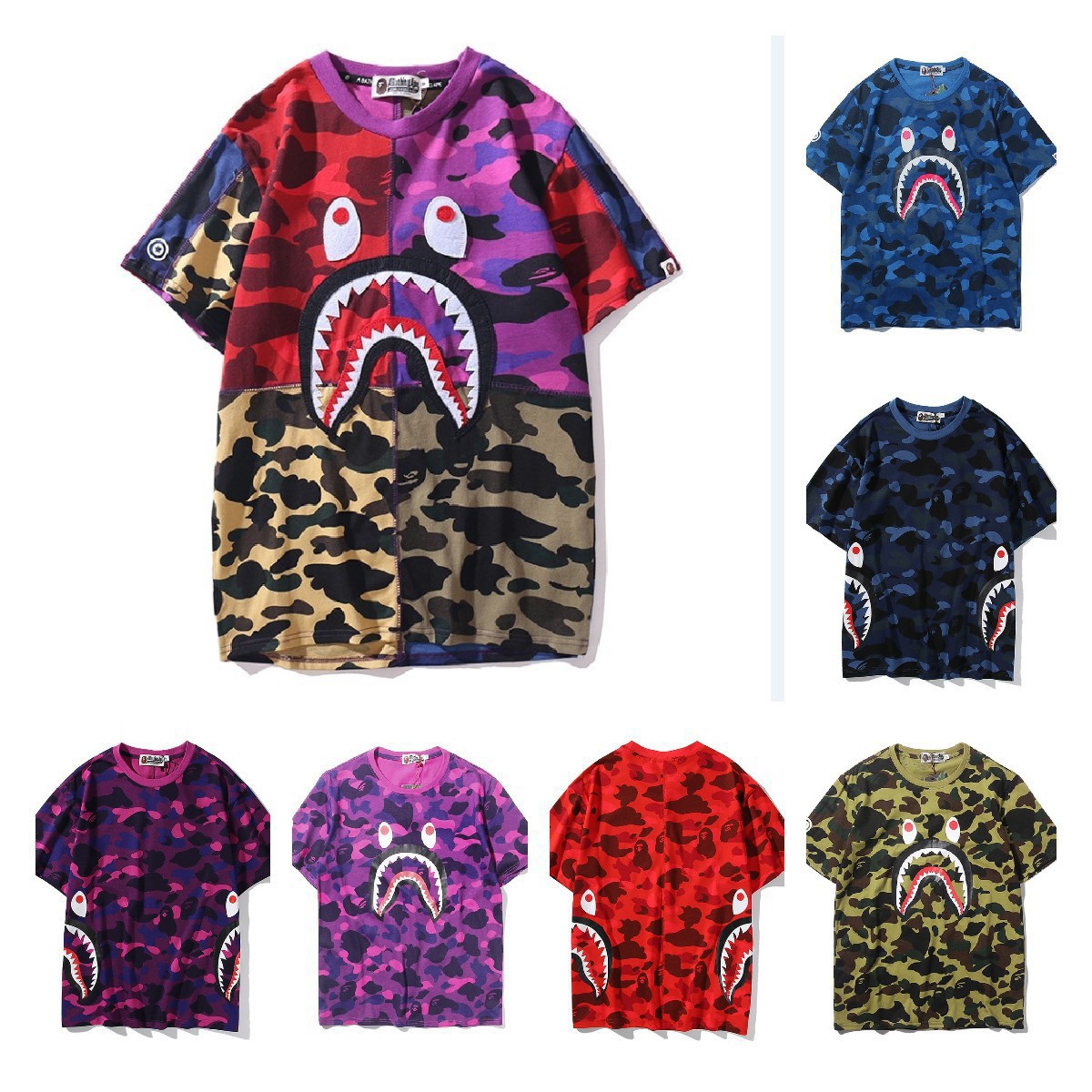 外贸跨境潮牌嘻哈拼接 迷彩鲨鱼嘴ins同款短袖男t恤男女情侣t恤
