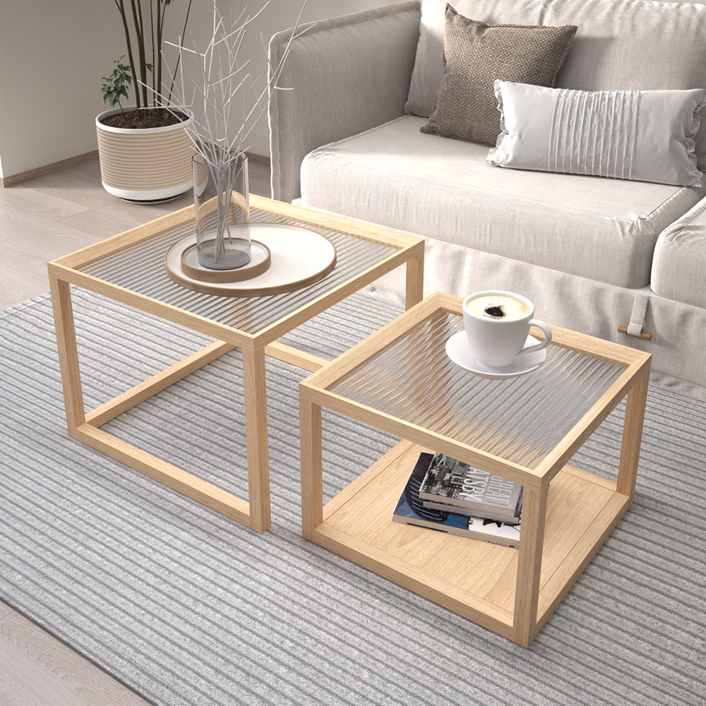 现代简约白蜡樱桃实木角几床边柜小户型边几长虹玻璃客厅方形茶几