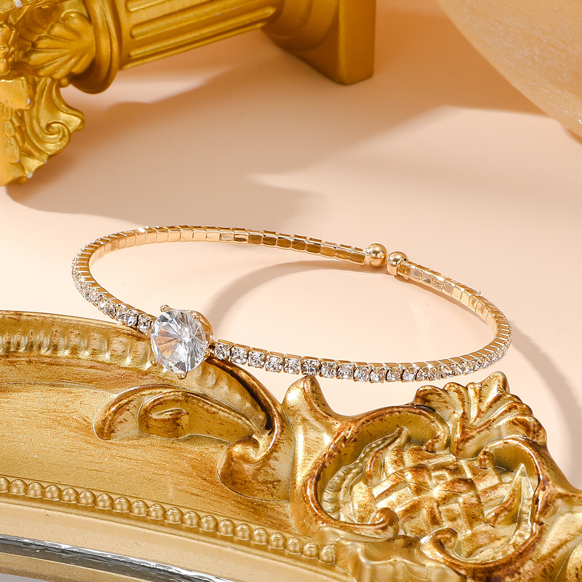 欧美跨境镶嵌水钻锆石珍珠开口个性轻奢高级感冷淡风女士手镯