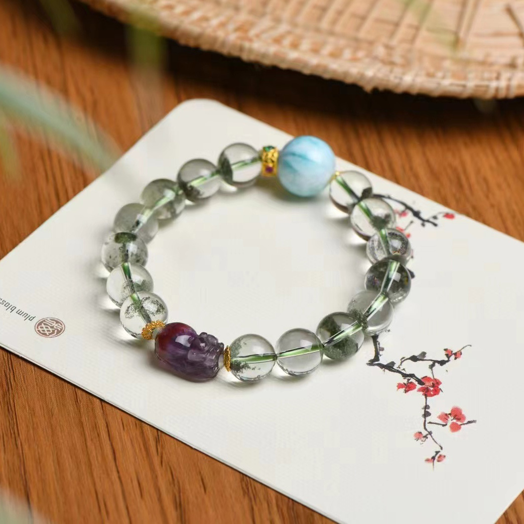 天然巴西绿幽灵10 带景女款手链简约水晶18k真金极光海纹石配饰
