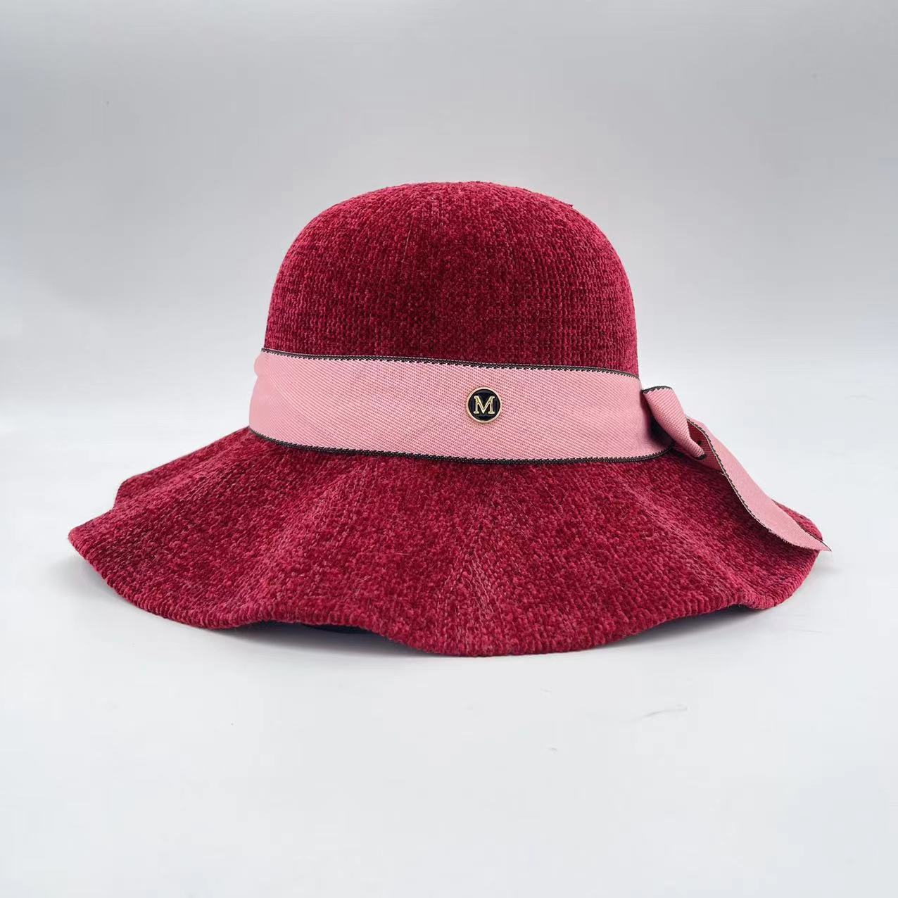 Internet Hot New Autumn and Winter Chenille Small M Bow Windproof Warm Broad-Brimmed Hat