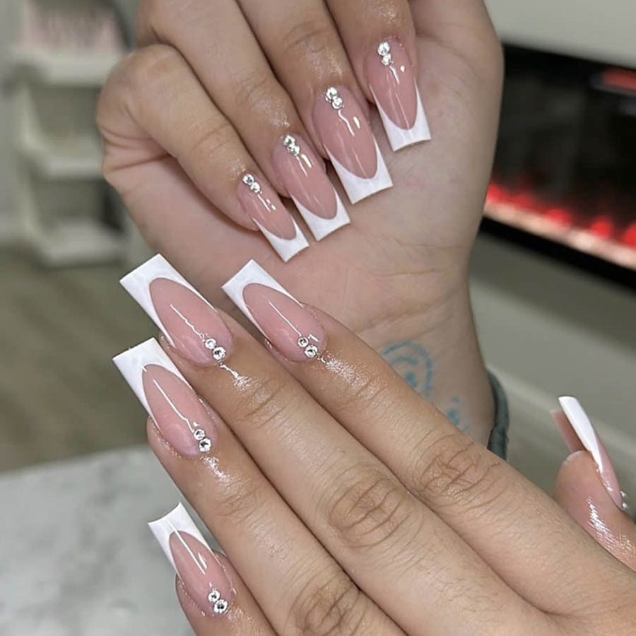 电商新款欧美爆闪钻石设计穿戴甲ins风冰透纯色法式中长款假指甲