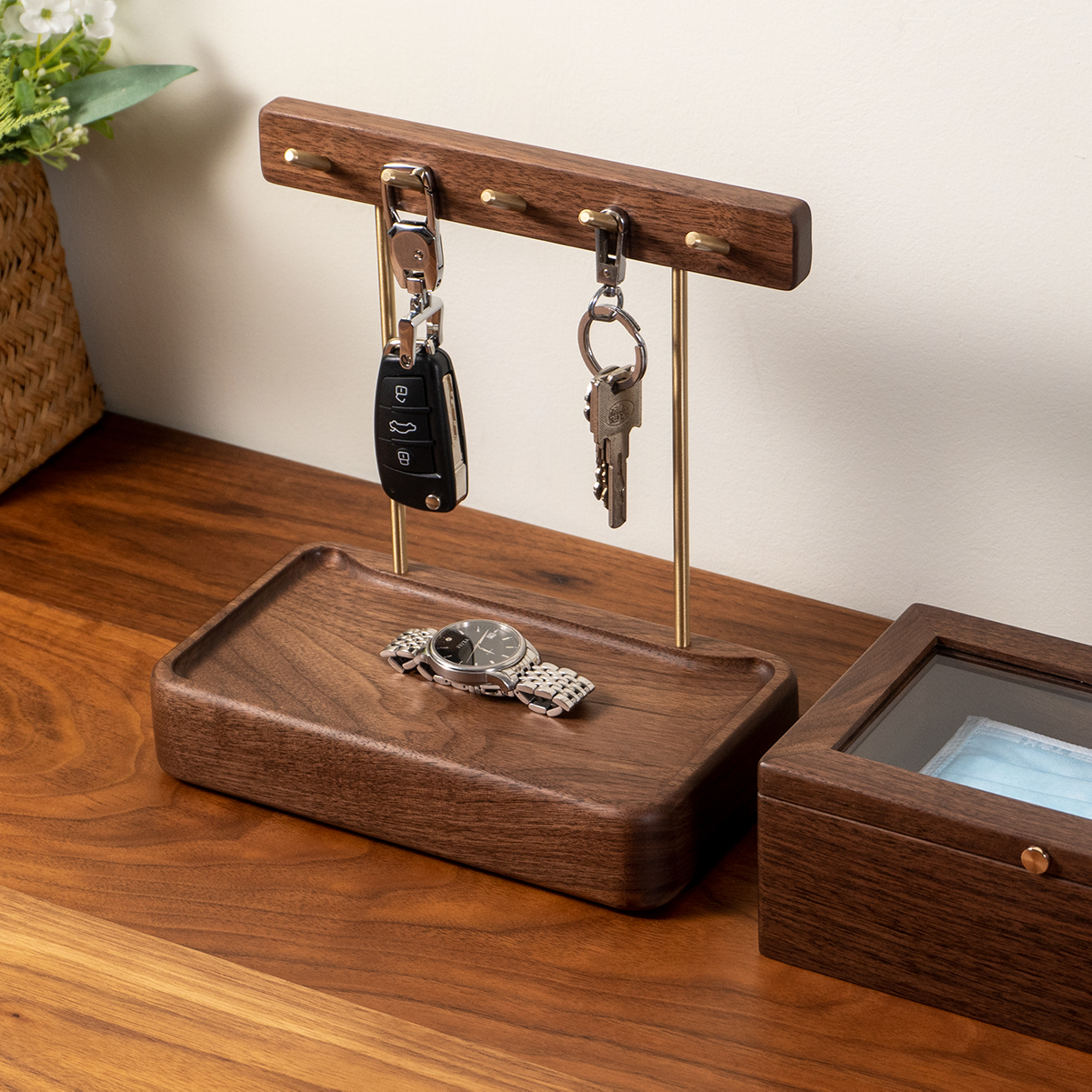 一木一慕黑胡桃木挂钥匙收纳摆件进门口玄关钥匙架桌面口罩收纳盒