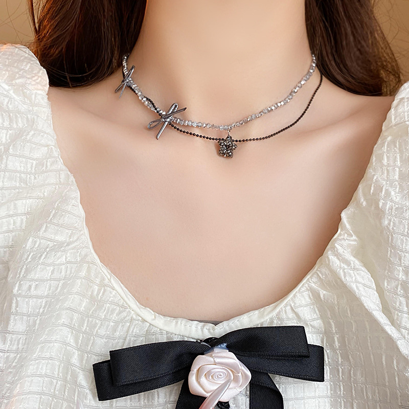 Diamond Crystal Bow XINGX Double-Layer Necklace Temperamental Cold Style Clavicle Chain Fashion Hip Hop Necklace Wholesale Women