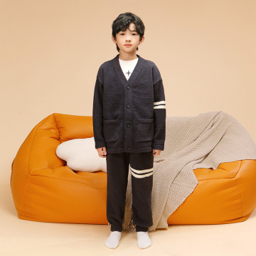 男童家居服条纹睡衣冬季新款半边绒加厚开衫男孩子套装可外穿衣服