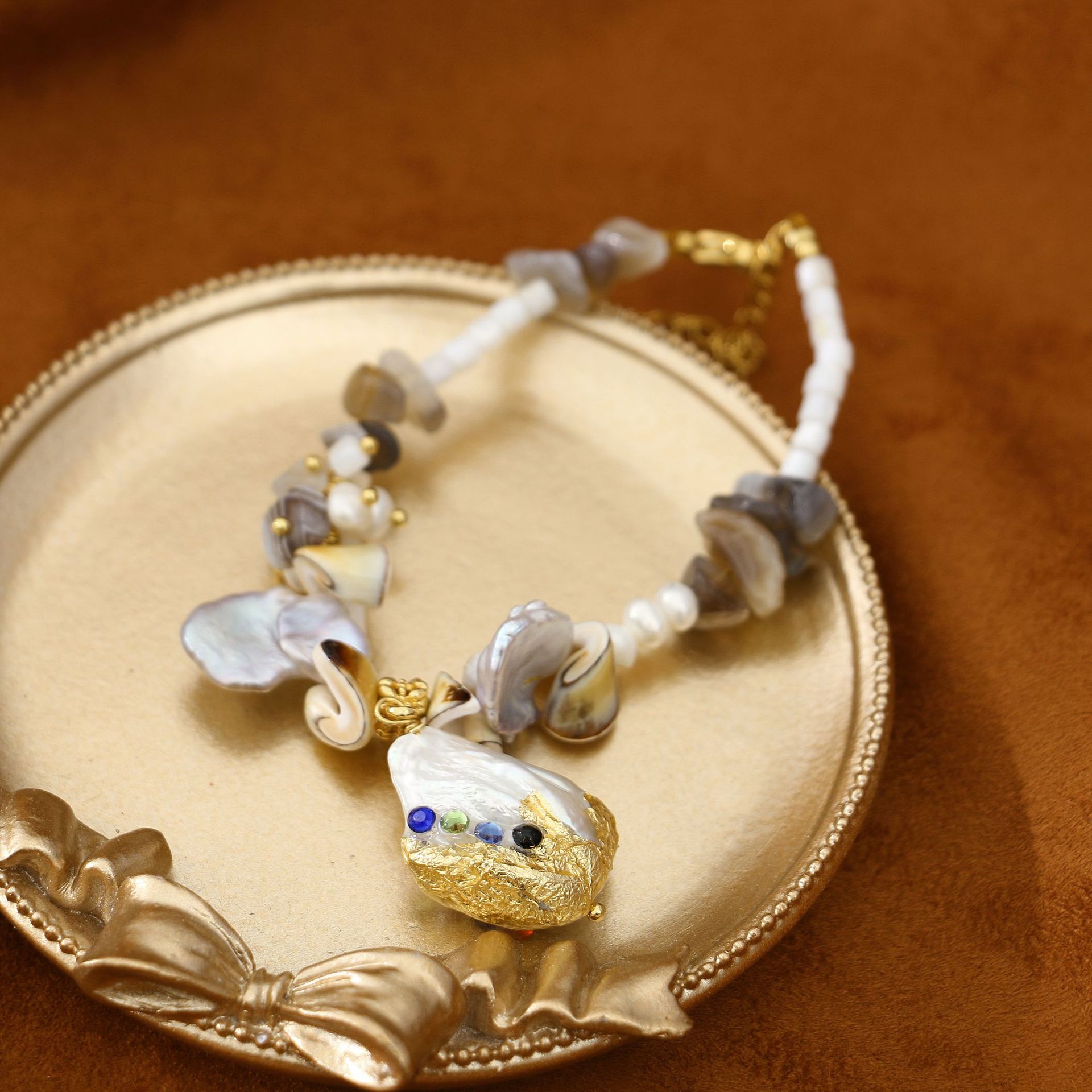 Gold Foil Baroque Pendant Freshwater Pearl All-Match Bracelet Niche Design Light Luxury Bracelet Girlfriends Student Jewelry