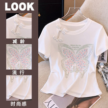 白色短袖T恤女夏季新中式国风盘扣设计感烫钻蝴蝶结收腰显瘦体恤